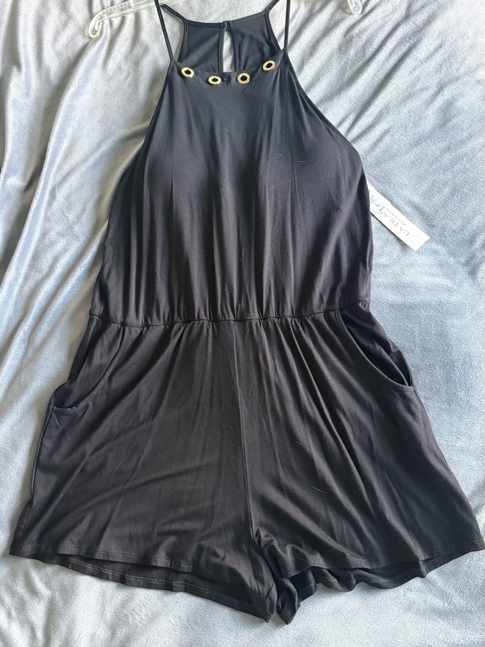 La Blanca Black Halter Romper with Gold Eyelet Detail - Kids One Piece